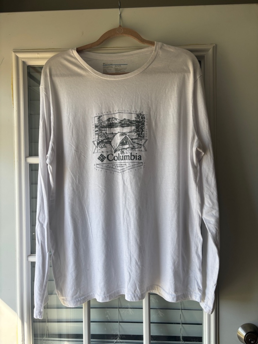 Columbia White Long-Sleeve Graphic Tee with Outdoor Camp Print